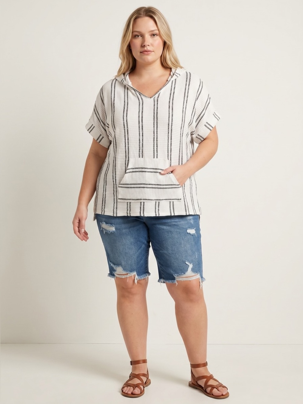 🛫 Fantastic Fawn Cream Hooded Striped Poncho Top